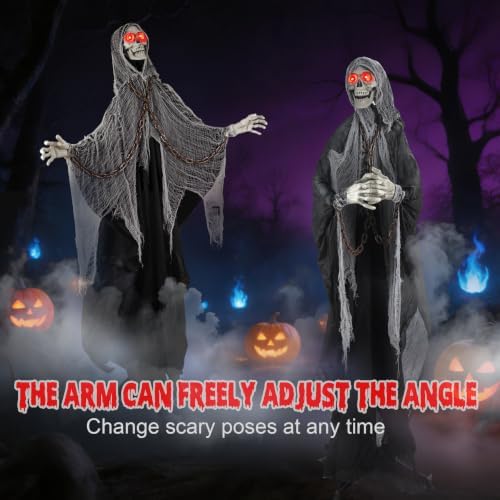 halloween skeleton with led red glowing eyes, sound showing dimensions
