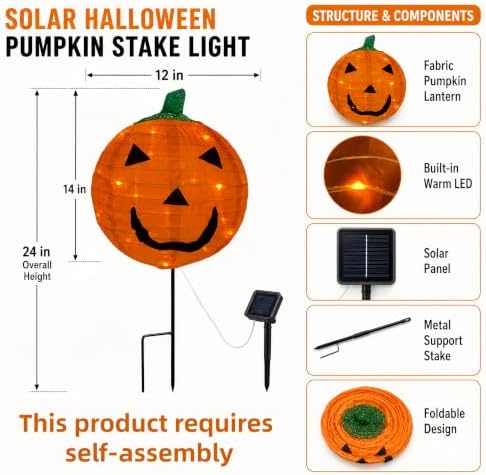 solar halloween pumpkin stake light with 8 lighting, side view