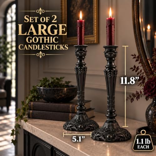 Gothic Victorian Candlesticks Set of 2, Black Metal Taper Candle Holders