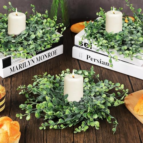 Mini Green Boxwood Candle Rings Wreaths Spring Summer Kitchen Cabinet Swags Wreath 3 Inch Wedding Rings Wreaths Pillar Candle Holder for Wedding Home Door Tabletop Decor (4, Green Boxwood)