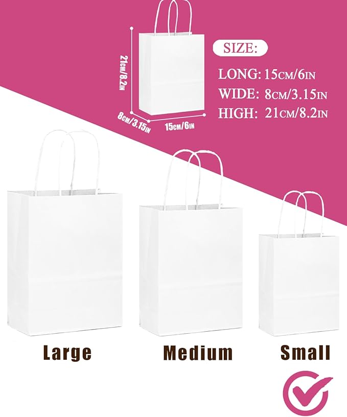qiqee 50-Packs White Paper Gift Bags with Handles Bulk 8.3"x3"x 6" Small Size Paper Bags Multiple Uses(Small Size)