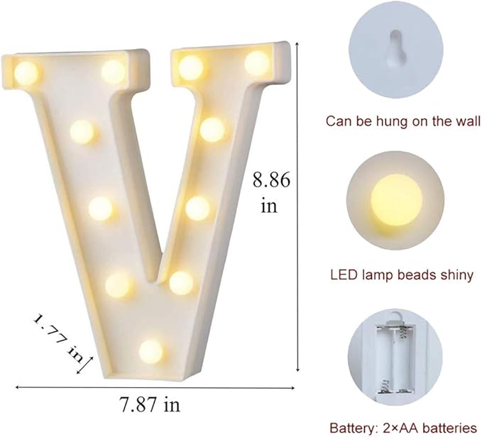 MUMUXI Marquee Light Up Letters | Large Light Up Numbers | Battery Powered and Bright with Every Letter of The Alphabet | for Wedding, Birthday, Party, Celebration, Christmas or Home Decoration (V)