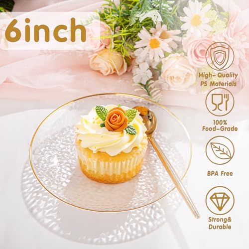 rubtlamp 100 pack clear gold plastic dessert plates, front angle view