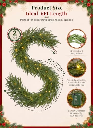 6ft artificial norfolk pine christmas garland, pre-lit 50, front angle view