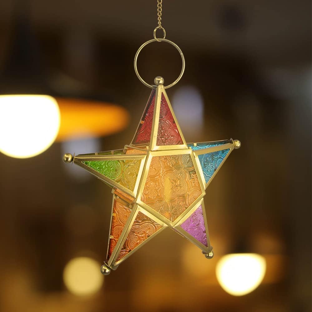 Modern Morocco Metal Art Candle Holders, Star Colorful Glass Christmas Holiday Home Wall Decor Lantern for Mantel Patio Garden with Hanging Loop