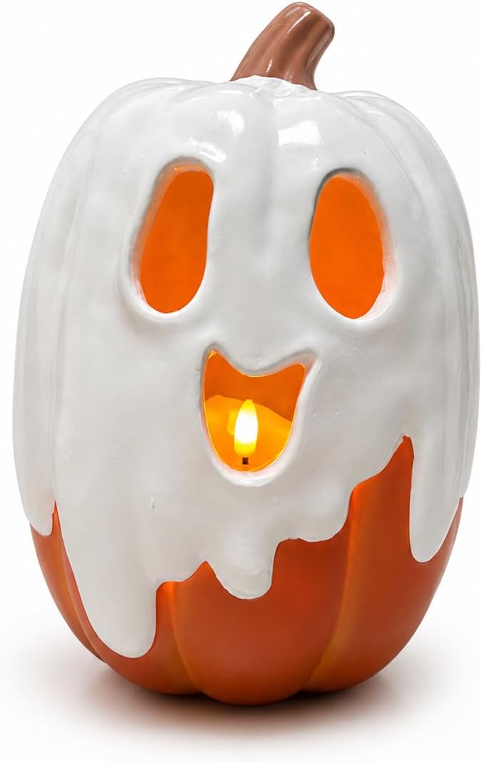 Halloween Decorations - 9.45" H Resin Ghost Pumpkin with Flameless Candl...