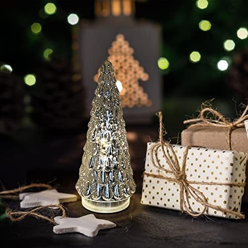 silver tabletop christmas tree 3pcs, small mercury glass, close-up detail