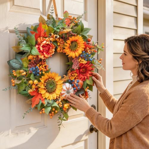 24 inch harvest fall wreaths for front door, front angle view