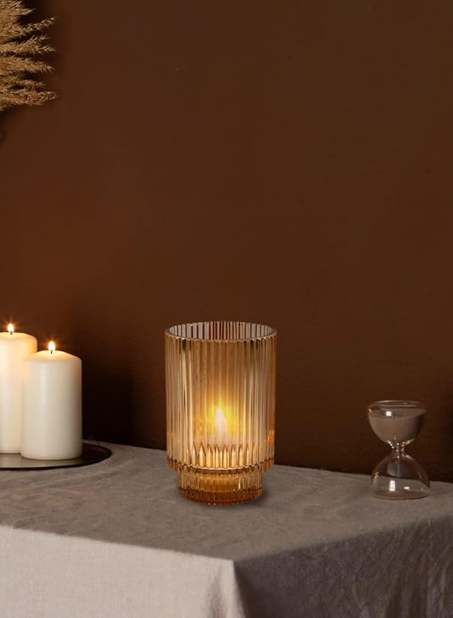 Serene Spaces Living Amber Ribbed Glass Votive Holder, Decorative Centerpiece for Wedding, Christmas, Thanksgiving, Living Room, Home Décor, Measures 3.25" Diameter and 5" Tall, Set of 24