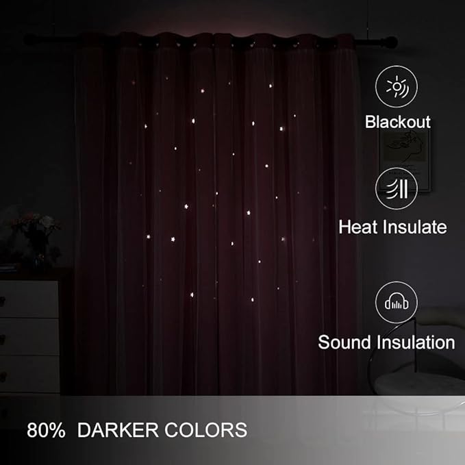 FANLI 2 Panels Star Blackout Curtains for Kid Girls Bedroom Living Room Darking Stripe Double Layer Star Cut Out Wall Home Decor Gradient Grommet Window Curtains (Pink 84L)