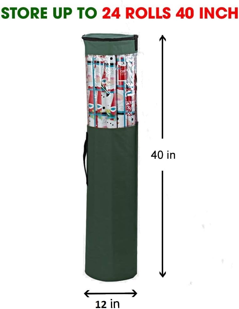 ProPik Gift Wrapping Paper Storage Organizer Bag, Store Up To 24 Rolls 40 Inch, Heavy Duty Polyester plus PVC Clear Bag with Handles and Zippered Top for Gift Wrap and Ribbons (Green)