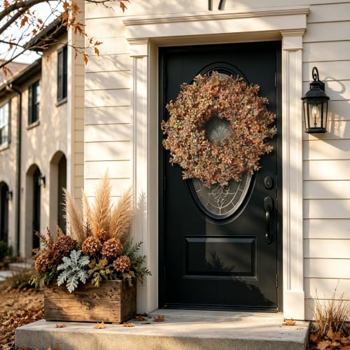 26" artificial fall boxwood wreath for front door on a desk or shelf