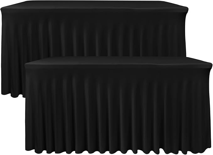 Nasitos Black Table Skirt for 8 Foot Rectangle Tables, 2 Pack - 96 x 30 Inch - Stretch Spandex Fitted Table Clothes, Fabric Table Covers Cocktail Tablecloths for Party, Banquet, Birthday