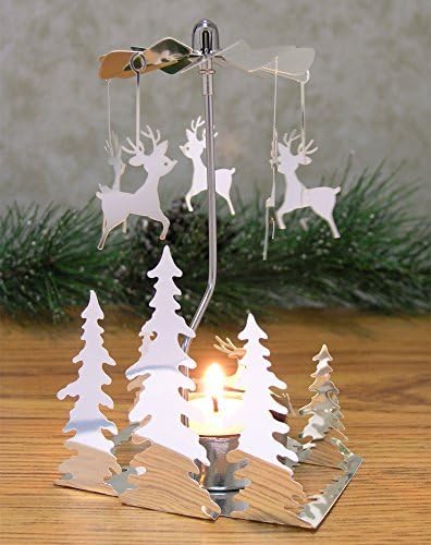 Spinning Reindeer Christmas Candle Holder with Rotating Hanging Charms – Scandinavian Holiday Tealight Candle Carousel, Christmas Tree Decorations, Metal Candle Spinner Centerpiece, 6 x 3.5 Inch