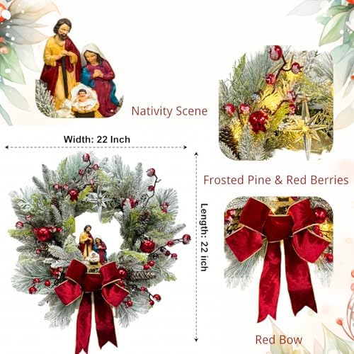svndlyn 22 inch lighted christmas wreath with timer, close-up detail