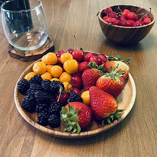 acacia round wood plates, set of 4, 8 shown in use