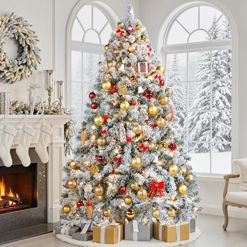 yaheetech 7.5ft pre-lit snow flocked artificial christmas tree, front angle view