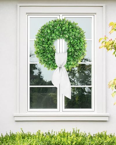 vlorart 24 inch faux round boxwood wreath, weatherproof shown in use