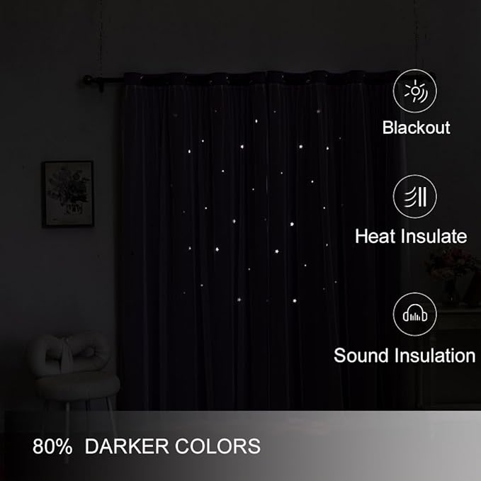 Ombre Rainbow Blackout Curtains for Kid Girls Bedroom Living Room Darking Stripe Double Layer Star Cut Out Wall Home Decor Gradient Grommet Window Curtains (Purple 84L)