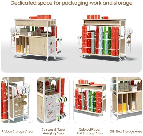 height-adjustable gift wrapping station with paper clamp & showing dimensions