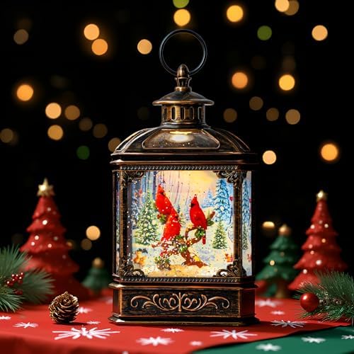 Christmas Snow Globe Water Glittering Cardinal with Music, USB Lined/Battery Operated Lighted Lantern for Christmas Festival Decoration Gifts