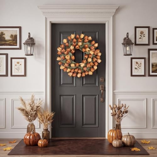 24" tulip fall wreath for front door real showing dimensions