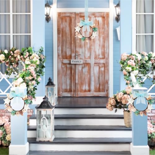 6 Pcs Summer Seashell Mini Starfish Wreath with Ribbon Beach Pillar Candle Holder Natural Shell Hanging Wreath for Front Door Ocean Cruise Wedding Parade Window Fireplace
