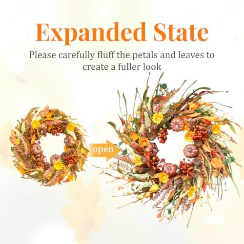 26 inch pumpkin fall wreath for front door, side view