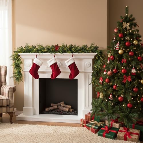 9ft handmade christmas garland,artificial cypress cedar pine needles on a desk or shelf