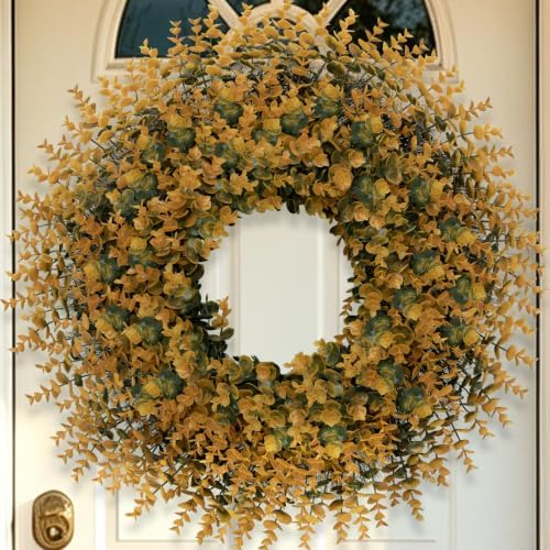 26" artificial fall boxwood wreath for front door, close-up detail