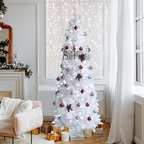 mupater 6ft pencil christmas tree, pre-lit artificial christmas shown in use