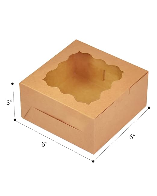 Bakepacker 100pcs Kraft Cookie Boxes 6x6x3 inches Easy Assemble Macaroon Pastry Boxes Bakery Boxes with Window for Bakery