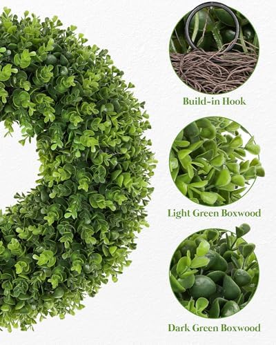 20 inch artificial boxwood wreath for front door, close-up detail