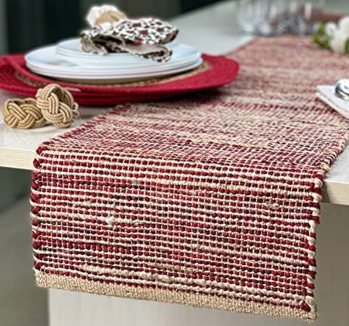 Chardin home Natural Jute Table Runner 13x108 Inch – Vintage Boho Rustic Table Decor – Handwoven Long Table Runner in Natural Jute and Red – Farmhouse Dining or Console Table Accent