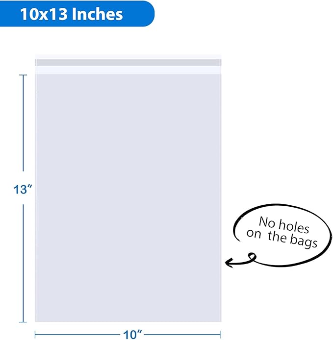 PigPotParty 10"x13" Self-Sealing Clear Cellophane T-Shirt Bags with Adhesive, 100 Pack Plastic Cello Packaging for Clothes, Gifts, Magazines, A4, Envelope, Letter & Small Business Use