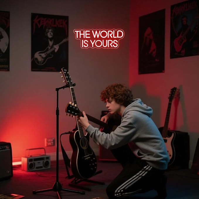 The World is Yours Neon Sign,Red Dimmable LED Light Signs for Wall Art Decor,Backdrop for Cinema Bedroom Club Party Man Cave,Gift for Boys Teen Men USB Powered（14.2"*5.5"）