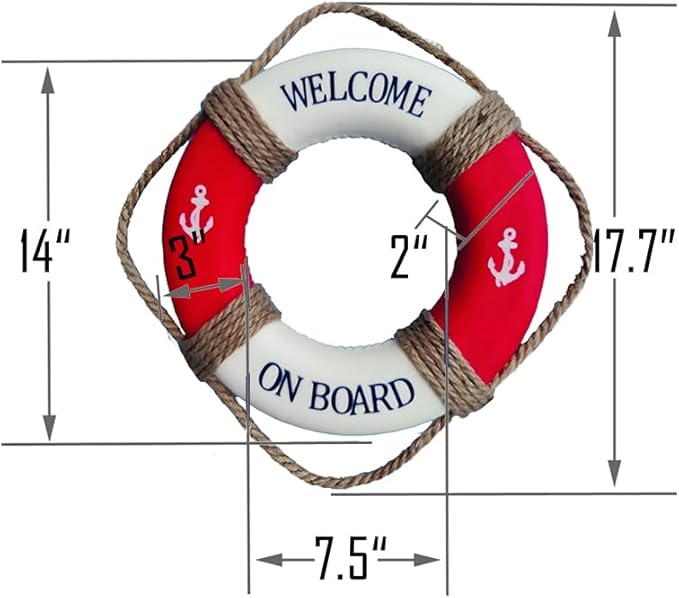 MorroMorn Lifebuoy Wall Hanging Decor - Welcome Aboard Mediterranean Style Home Decoration Hemp Rope (Red, 14")