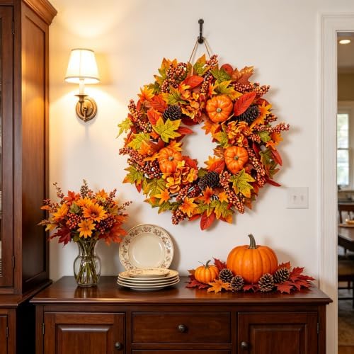 24 inch harvest fall wreath, farmhouse pumpkin pinecone, view 9