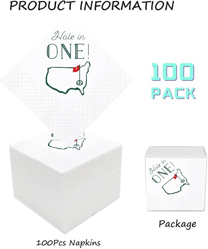 Golf Cocktail Napkins, 100 Pack Hole in One First Birthday Golf Themed Paper Disposable Cocktail Beverage Napkins for Baby 1st Hole In One Birthday Decorations 2-Ply, 5x5 Inches (Hole in One)