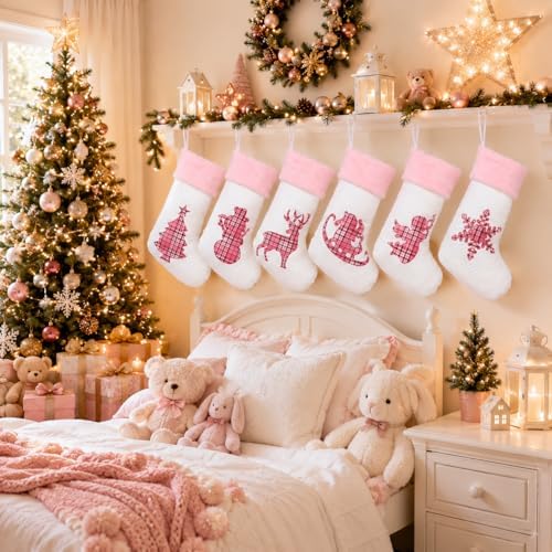 White Pink Buffalo Plaid Embroidered Christmas Stockings Set of 6 | Cute Large Christmas Stocking with Pink Faux Fur for Holiday Gifts, Christmas Stocking Stuffers and Christmas Décor