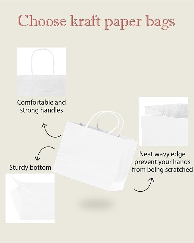 qiqee 50-Packs White Paper Gift Bags with Handles Bulk 12.6"x4.3"x10" Wide Large Size Party Favor Bags Multiple Uses