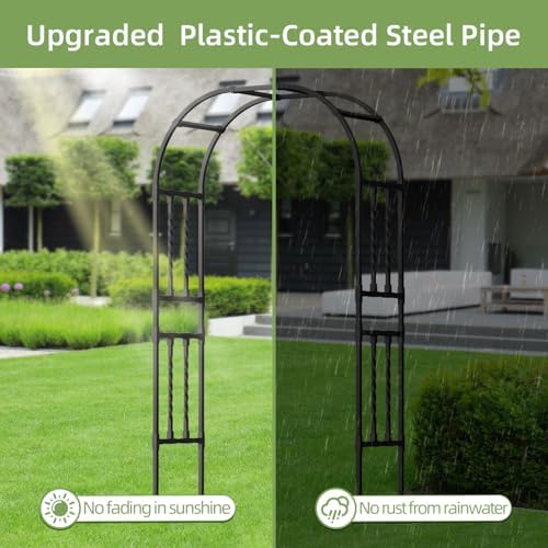 square tube metal garden arbor trellis, 6.9x7.9ft, front angle view