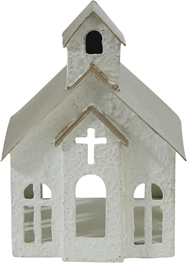 Orchid & Ivy Rustic Textured White Metal Church Tea Light Candle Holder with Cross Cut Out - Decorative House Shaped Tabletop Lantern - Country Farmhouse Religious Christmas Holiday Home Decor