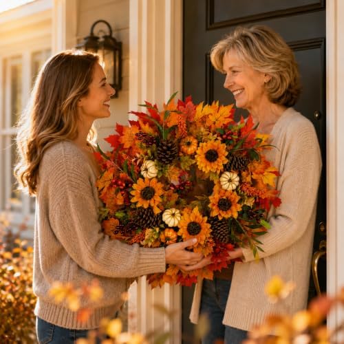 28 inch large fall sunflower wreath for front, package contents