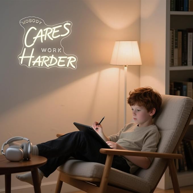 Nobody Cares Work Harder Neon Sign,Motivational Dimmable LED Light Signs for Wall Art Decor,Backdrop for Office Study Room Gym Bedroom Man Cave,Gift for Teen USB Powered（13.8"*11.9"）