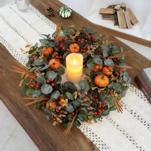 24" eucalyptus fall wreath with pumpkin foliage for, side view