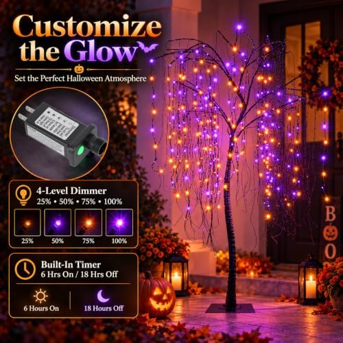 7 ft halloween lighted willow tree 256 led, close-up detail