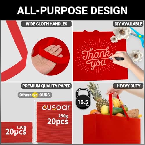 eusoar extra large gift bags, 25pcs 16"x6"x12" red, close-up detail