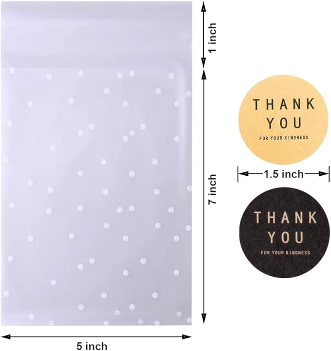 100 Packs Self Sealing Cellophane Treat Bags 5x7 Inches, Searik 4 Mils Resealable Plastic Pastry Cookie Bags with Thank You Labels for Party Gift Giving Bakery Candy Cookie Chocolate