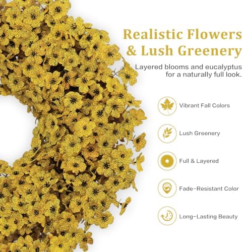 20" yellow fall wreath for front door, artificial, side view